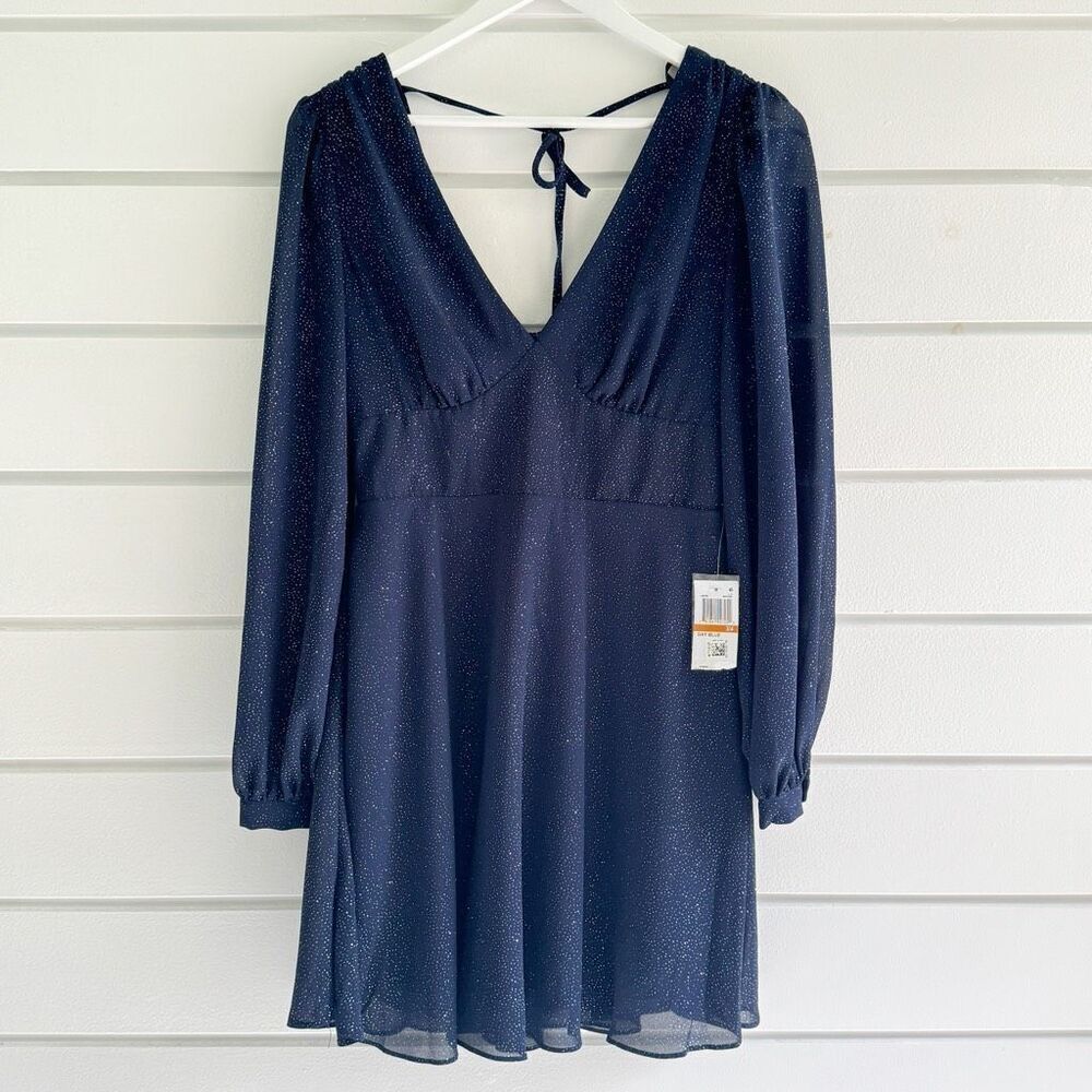 B. Darlin Women’s Navy Glitter Long Sleeve VNeck Short Fit & Flare Dress 3/4 NWT